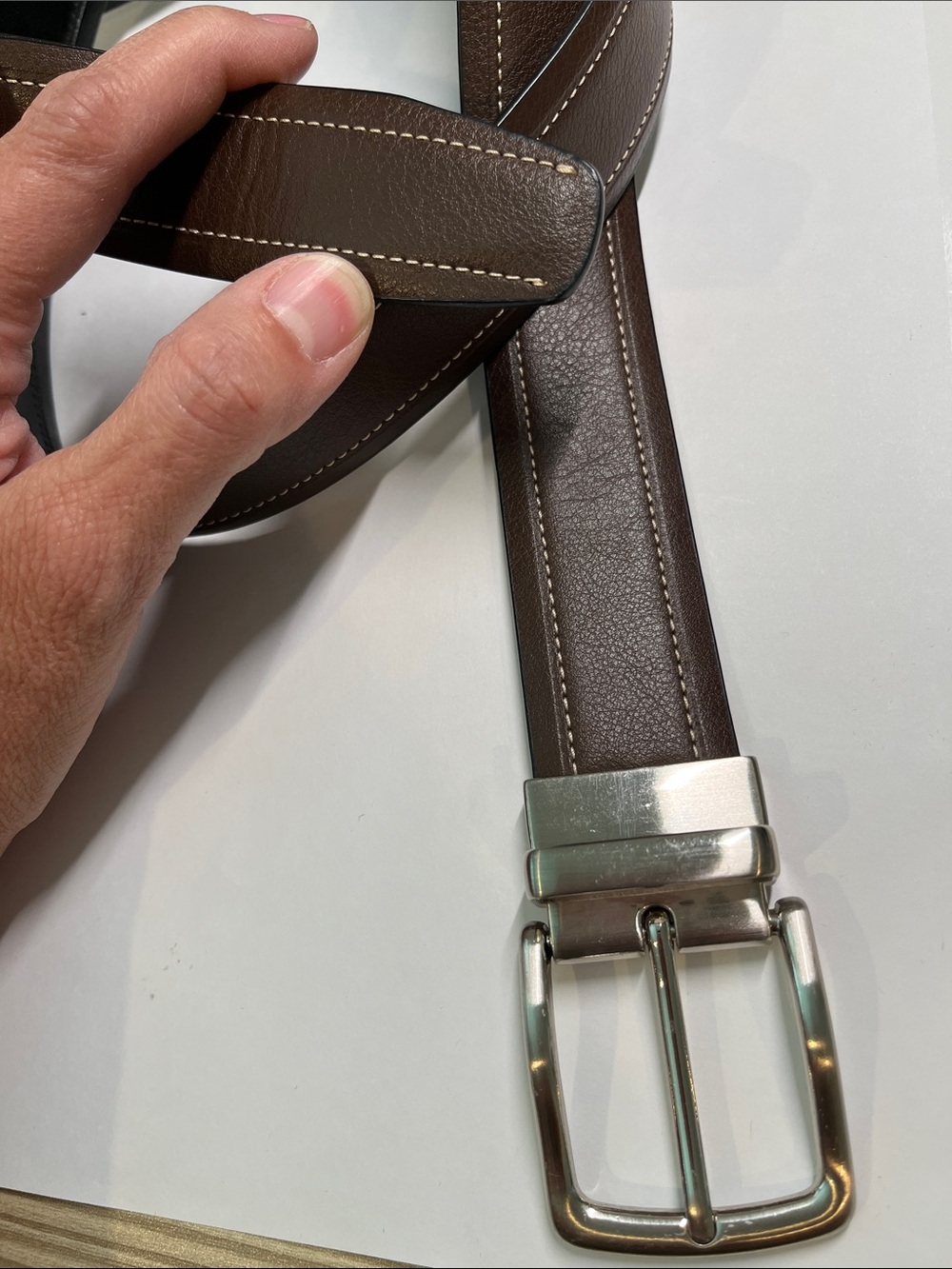 Men's Brown/Black Reversible Leather Belt with Silver Buckle 46”